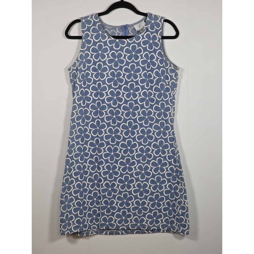 Vision Apparel Women 8 Denim Dress Blue Floral Embroidered A Line Casual